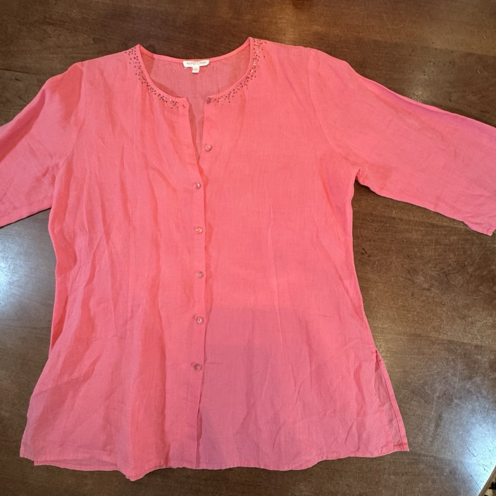 Eileen Fisher Button Front Tunic Womens PL Pink Linen Sequin Neck 3/4 Sleeve Top